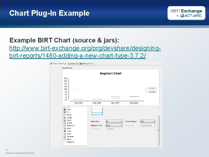 Chart Plug-In Example BIRT Chart (source & jars): http: //www. birt-exchange. org/devshare/designingbirt-reports/1480 -adding-a-new-chart-type-3. 7.