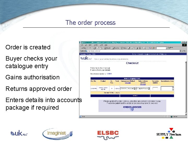 The order process Order is created Buyer checks your catalogue entry Gains authorisation Returns
