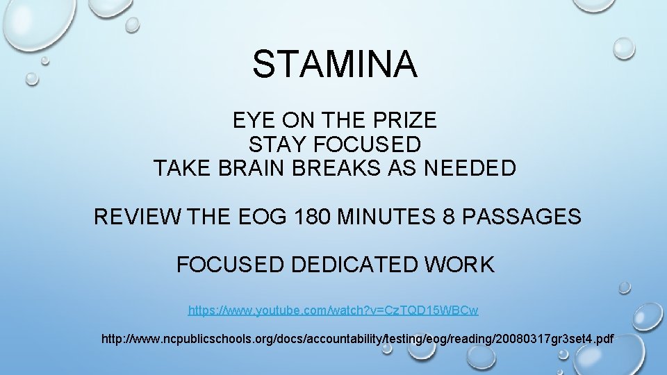 STAMINA EYE ON THE PRIZE STAY FOCUSED TAKE BRAIN BREAKS AS NEEDED REVIEW THE