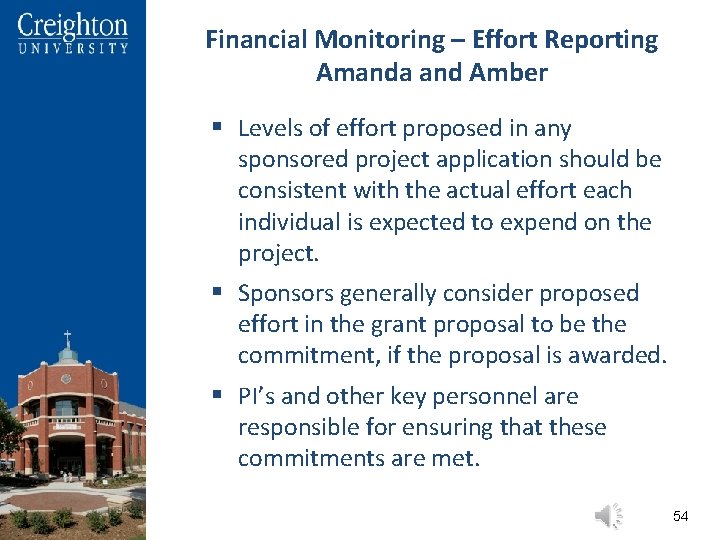 Financial Monitoring – Effort Reporting Amanda and Amber § Levels of effort proposed in