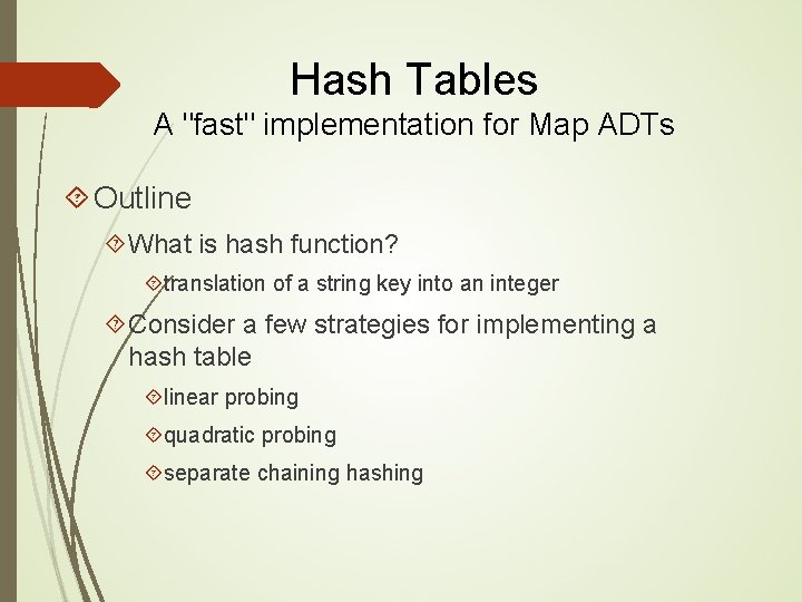 Hash Tables A "fast" implementation for Map ADTs Outline What is hash function? translation