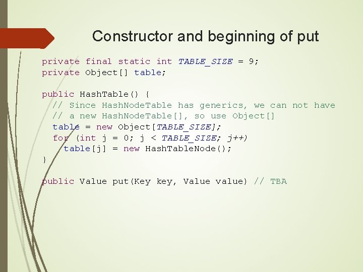 Constructor and beginning of put private final static int TABLE_SIZE = 9; private Object[]