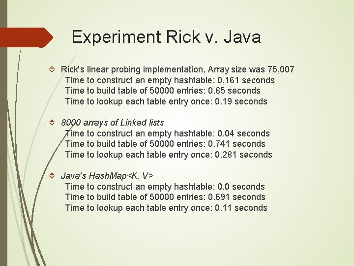 Experiment Rick v. Java Rick's linear probing implementation, Array size was 75, 007 Time