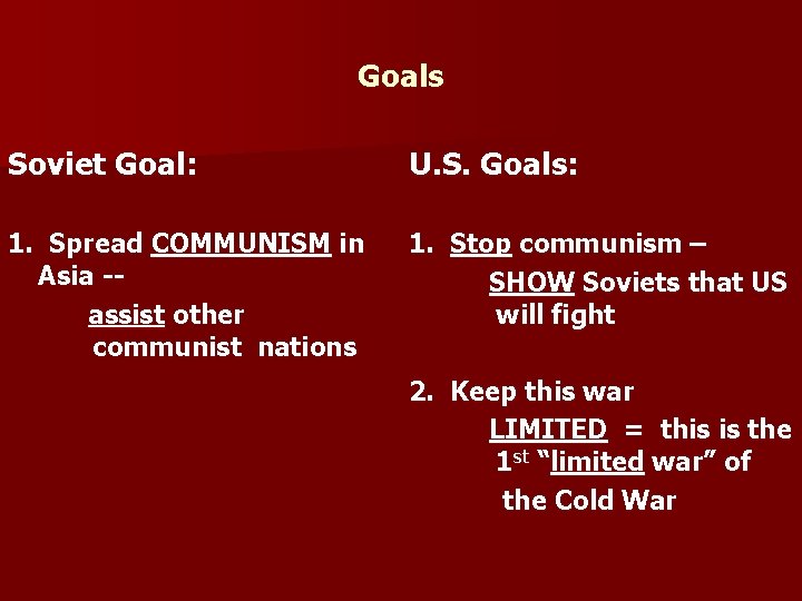 Goals Soviet Goal: U. S. Goals: 1. Spread COMMUNISM in Asia -assist other communist