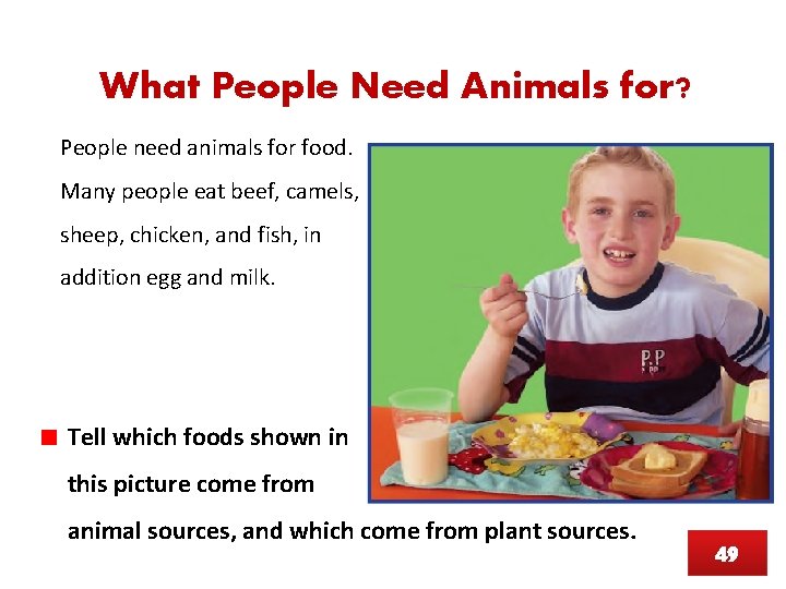 What People Need Animals for? People need animals for food. Many people eat beef,