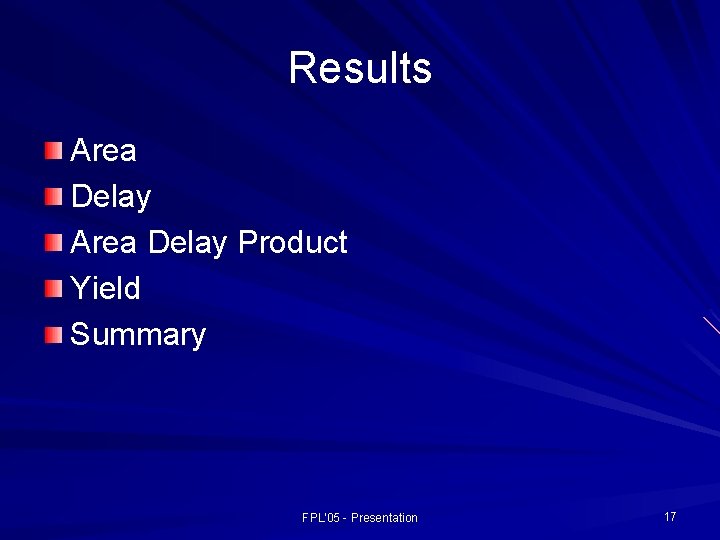 Results Area Delay Product Yield Summary FPL'05 - Presentation 17 