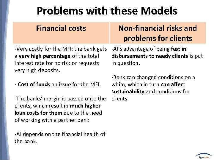 Problems with these Models Financial costs Non-financial risks and problems for clients -Very costly