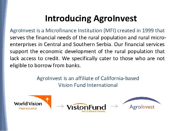 Introducing Agro. Invest is a Microfinance Institution (MFI) created in 1999 that serves the