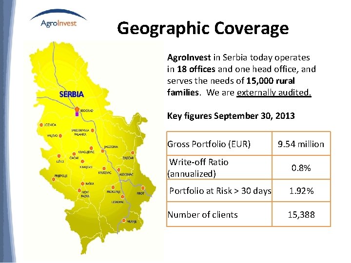 Geographic Coverage Agro. Invest in Serbia today operates in 18 offices and one head