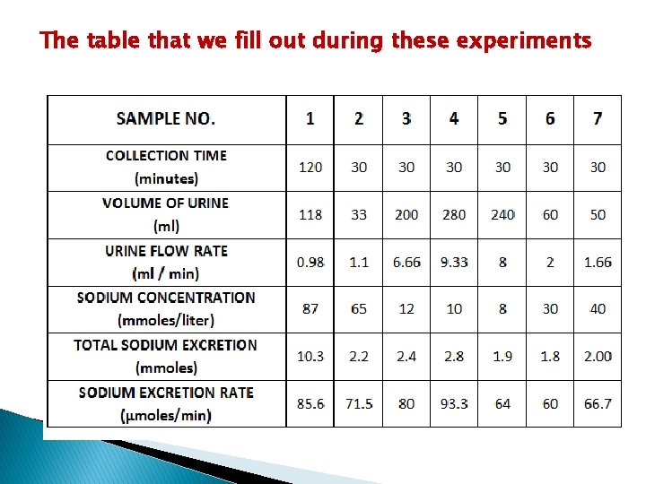 The table that we fill out during these experiments 