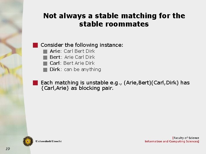 Not always a stable matching for the stable roommates g Consider the following instance: