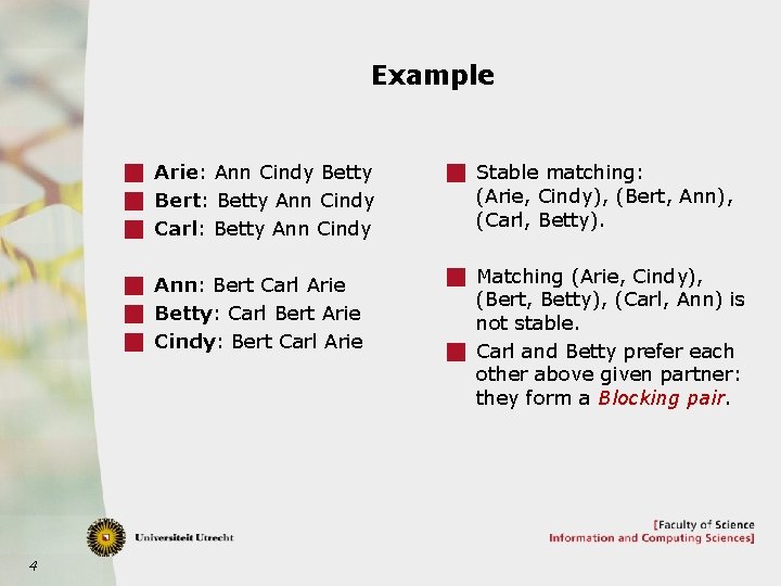 Example g Arie: Ann Cindy Betty g Bert: Betty Ann Cindy g Carl: Betty
