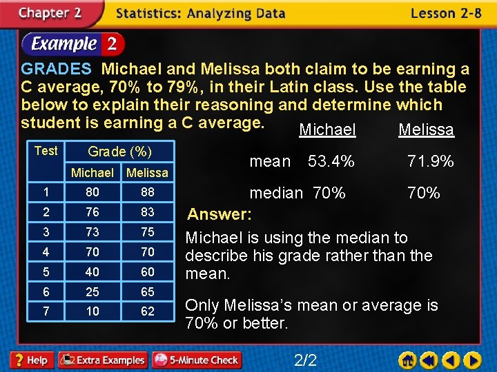 GRADES Michael and Melissa both claim to be earning a C average, 70% to