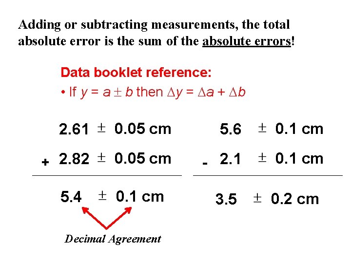 Adding or subtracting measurements, the total absolute error is the sum of the absolute