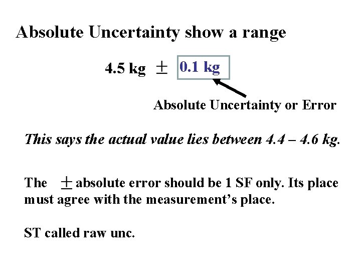 Absolute Uncertainty show a range 4. 5 kg 0. 1 kg Absolute Uncertainty or