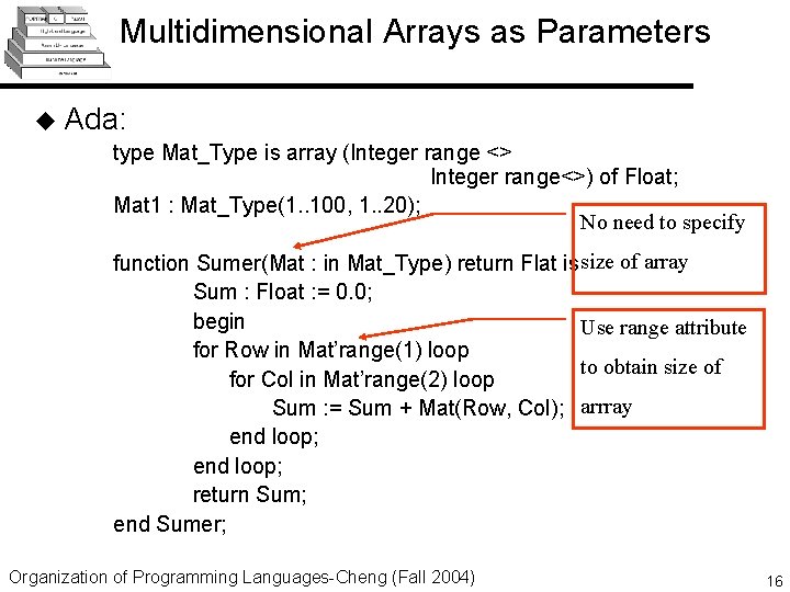 Multidimensional Arrays as Parameters u Ada: type Mat_Type is array (Integer range <> Integer Multidimensional Arrays as Parameters u Ada: type Mat_Type is array (Integer range <> Integer