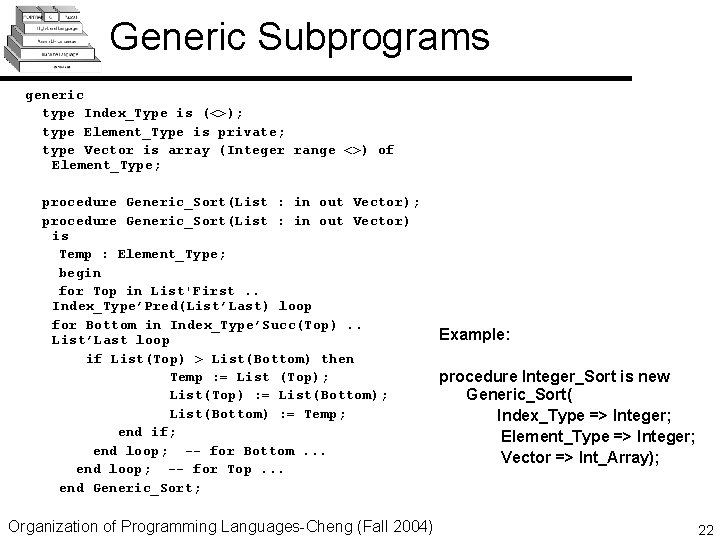 Generic Subprograms generic type Index_Type is (<>); type Element_Type is private; type Vector is