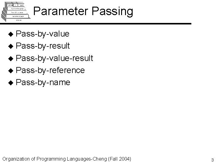 Parameter Passing u Pass-by-value u Pass-by-result u Pass-by-value-result u Pass-by-reference u Pass-by-name Organization of