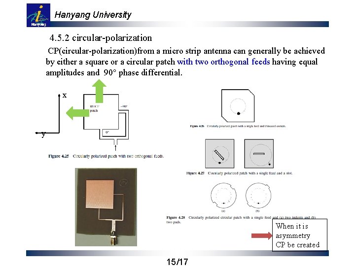 Hanyang University 4. 5. 2 circular-polarization CP(circular-polarization)from a micro strip antenna can generally be