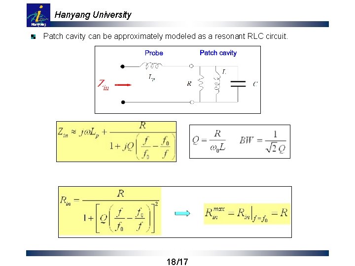 Hanyang University Patch cavity can be approximately modeled as a resonant RLC circuit. 18/17