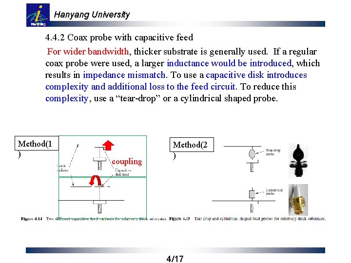 Hanyang University 4. 4. 2 Coax probe with capacitive feed For wider bandwidth, thicker