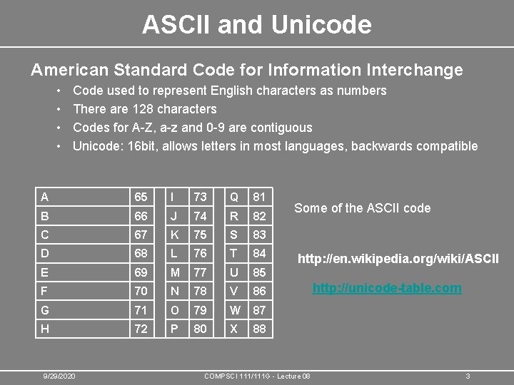 ASCII and Unicode American Standard Code for Information Interchange • • Code used to