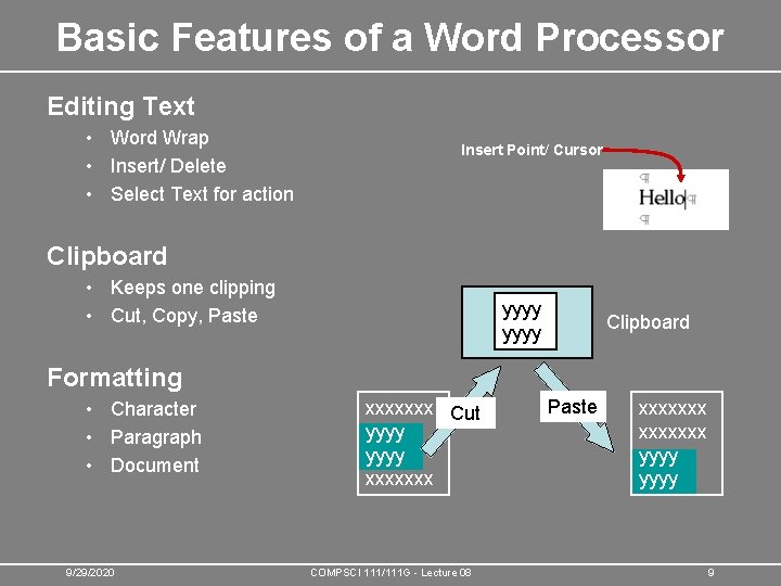 Basic Features of a Word Processor Editing Text • Word Wrap • Insert/ Delete