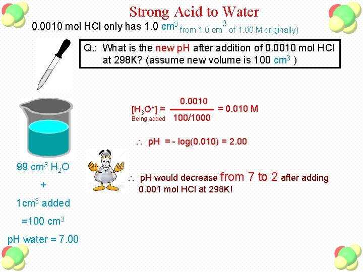 Strong Acid to Water 0. 0010 mol HCl only has 1. 0 cm 3