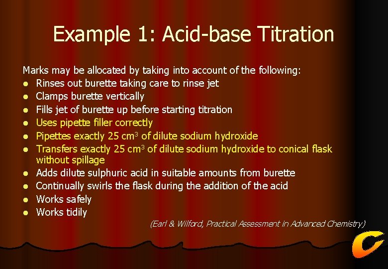 Example 1: Acid-base Titration Marks may be allocated by taking into account of the