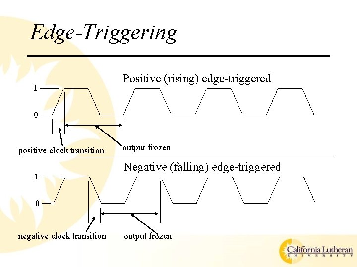 Edge-Triggering 1 Positive (rising) edge-triggered 0 positive clock transition 1 output frozen Negative (falling)