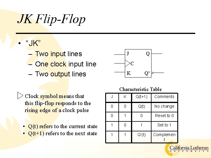 JK Flip-Flop • “JK” – Two input lines – One clock input line –