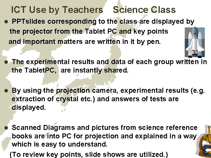 ICT Use by Teachers 　Science Class PPTslides corresponding to the class are displayed by