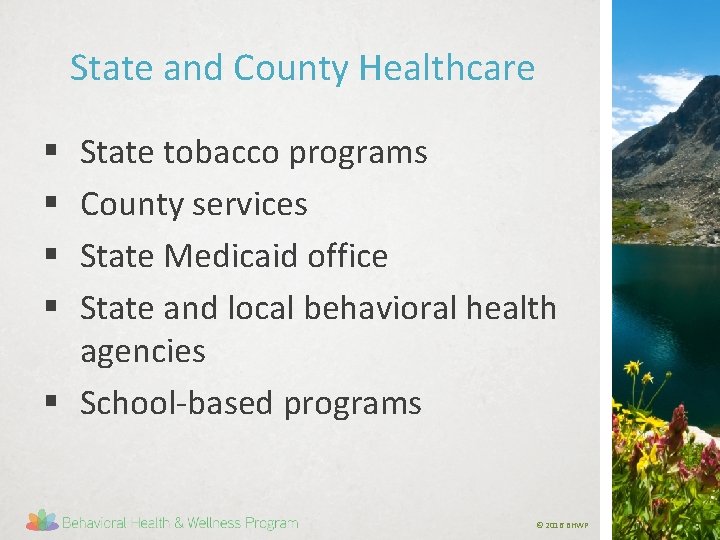 State and County Healthcare State tobacco programs County services State Medicaid office State and