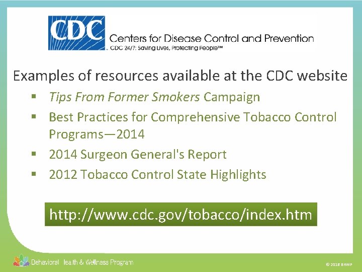 Examples of resources available at the CDC website § Tips From Former Smokers Campaign