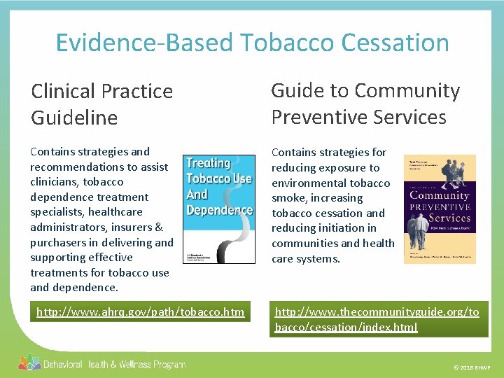 Evidence-Based Tobacco Cessation Clinical Practice Guideline Guide to Community Preventive Services Contains strategies and