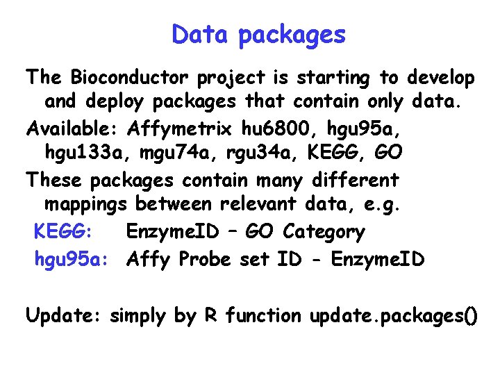 Data packages The Bioconductor project is starting to develop and deploy packages that contain