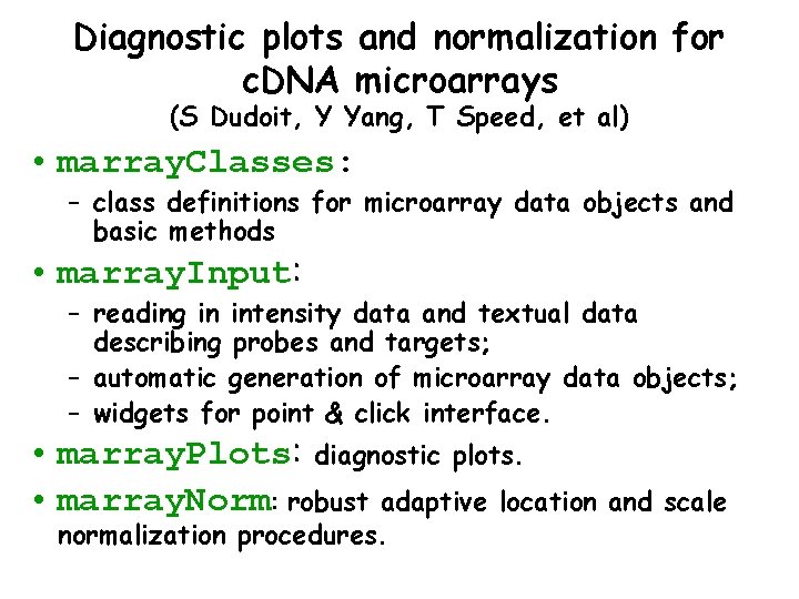 Diagnostic plots and normalization for c. DNA microarrays (S Dudoit, Y Yang, T Speed,