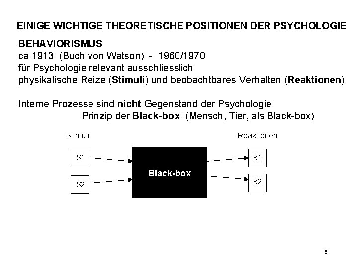 EINIGE WICHTIGE THEORETISCHE POSITIONEN DER PSYCHOLOGIE BEHAVIORISMUS ca 1913 (Buch von Watson) - 1960/1970