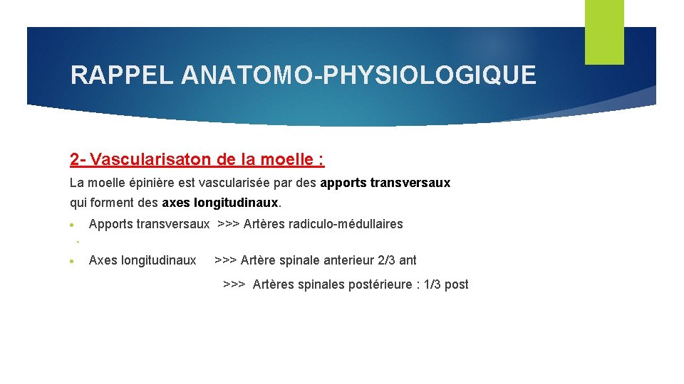 RAPPEL ANATOMO-PHYSIOLOGIQUE 2 - Vascularisaton de la moelle : La moelle épinière est vascularisée