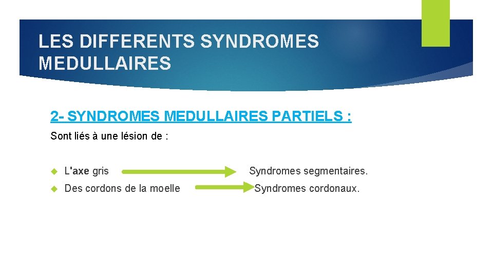 LES DIFFERENTS SYNDROMES MEDULLAIRES 2 - SYNDROMES MEDULLAIRES PARTIELS : Sont liés à une