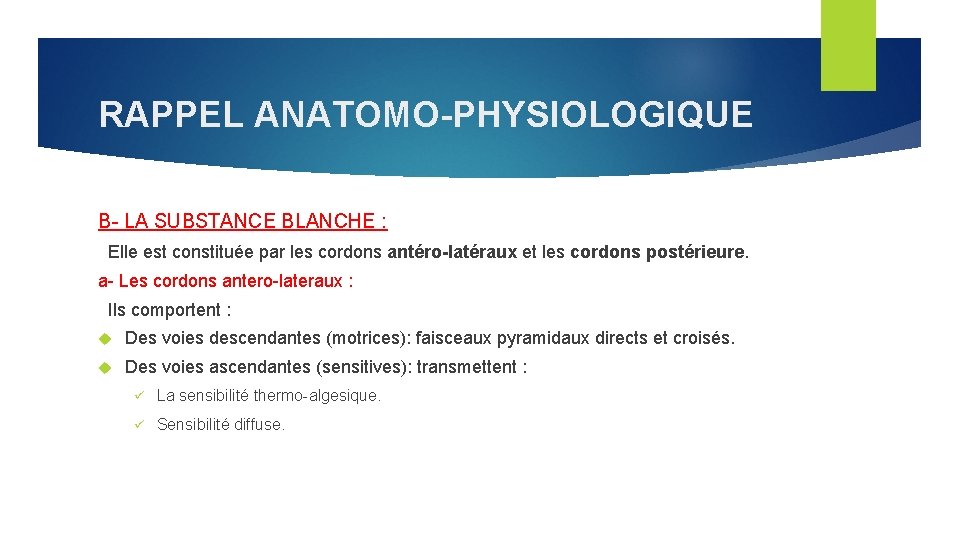 RAPPEL ANATOMO-PHYSIOLOGIQUE B- LA SUBSTANCE BLANCHE : Elle est constituée par les cordons antéro-latéraux