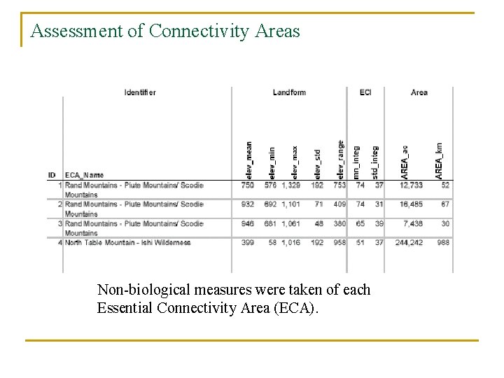 Assessment of Connectivity Areas Non-biological measures were taken of each Essential Connectivity Area (ECA).