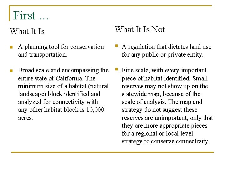 First … What It Is Not n A planning tool for conservation and transportation.