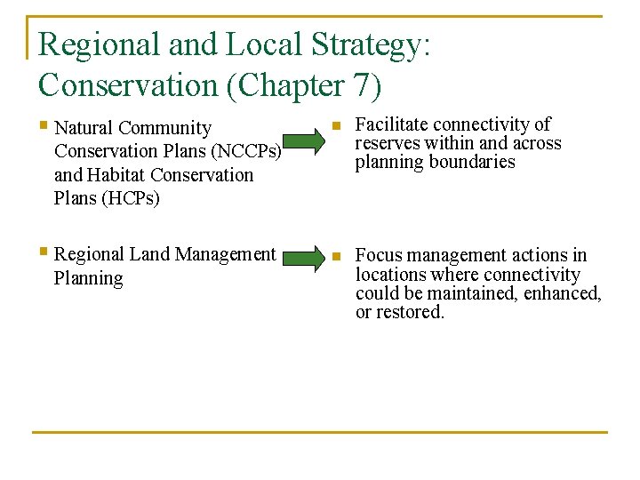 Regional and Local Strategy: Conservation (Chapter 7) § Natural Community n Facilitate connectivity of