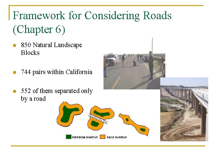 Framework for Considering Roads (Chapter 6) n 850 Natural Landscape Blocks n 744 pairs