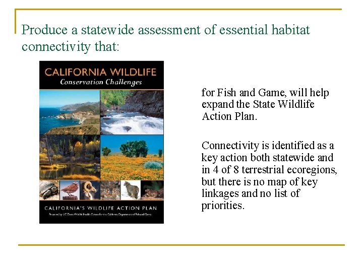 Produce a statewide assessment of essential habitat connectivity that: for Fish and Game, will