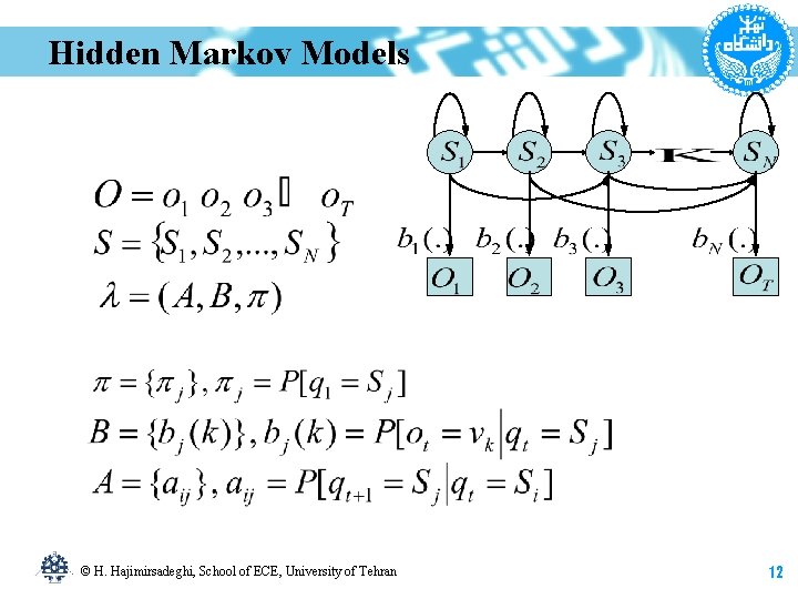 Hidden Markov Models © H. Hajimirsadeghi, School of ECE, University of Tehran 12 