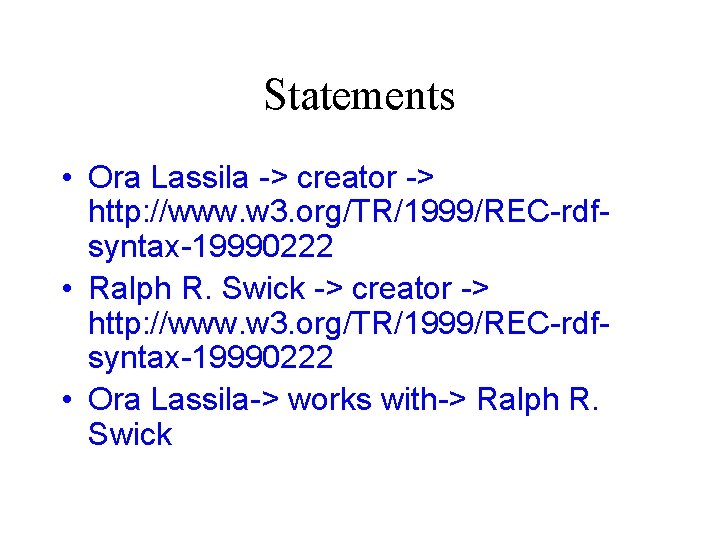 Statements • Ora Lassila -> creator -> http: //www. w 3. org/TR/1999/REC-rdfsyntax-19990222 • Ralph