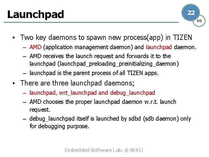 Launchpad 22 69 • Two key daemons to spawn new process(app) in TIZEN –