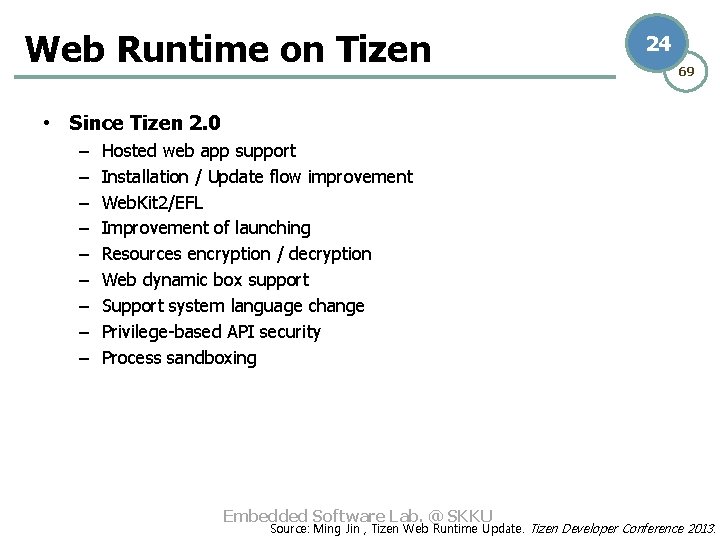 Web Runtime on Tizen 24 69 • Since Tizen 2. 0 – – –